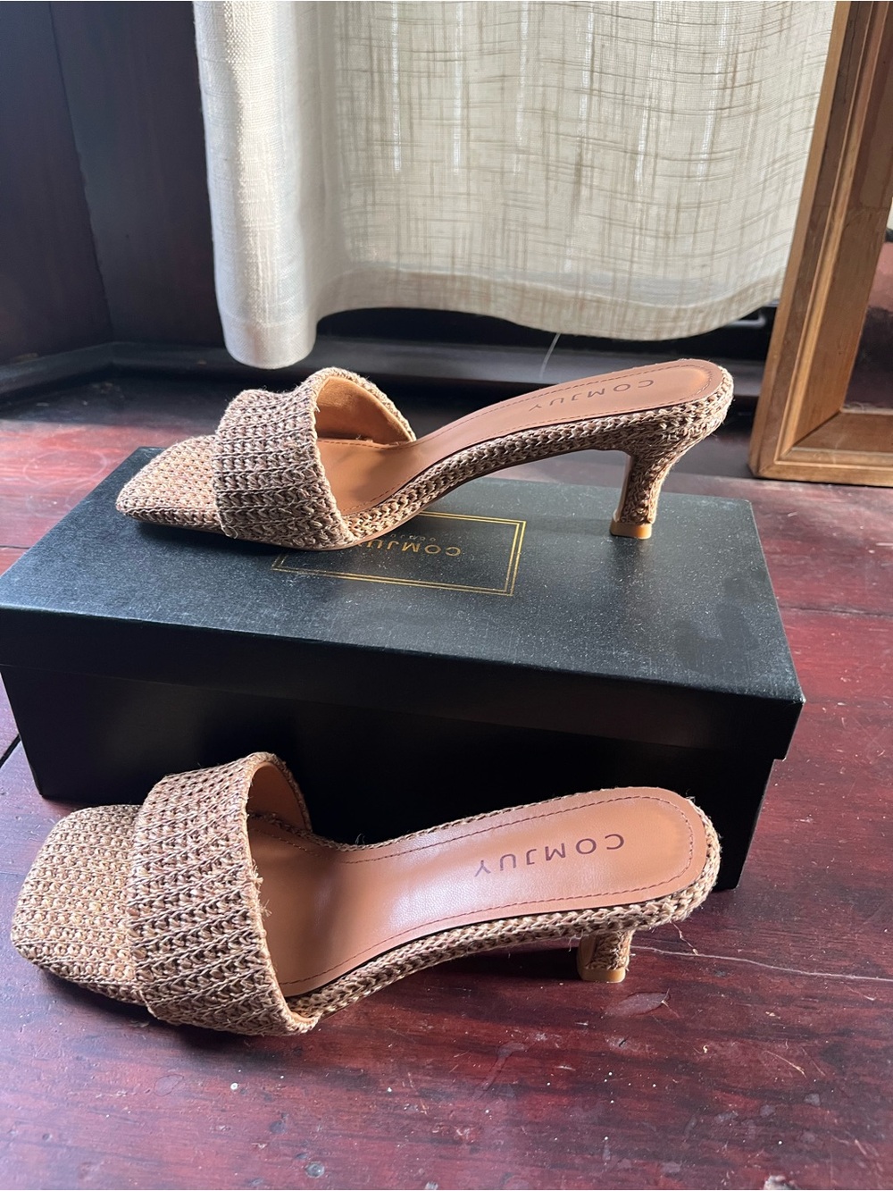 Brown Woven Open-Toe Kitten Heel Mules